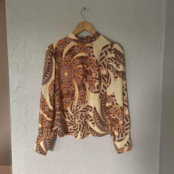 Rachel Zoe Women's Blouse Flowy Balloon Sleeve Beige Brown Orange Workwear sz M - Picture 1 of 6